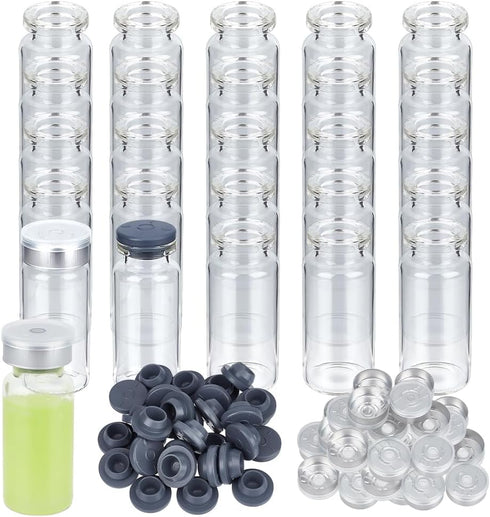 OLYCRAFT 30 Sets 10ml/0.34oz Clear Sealed Sample Vials Glass Sample Vials with Rubber Stopper and Plastic Aluminum Top Caps Glass Lab Sample Vials...