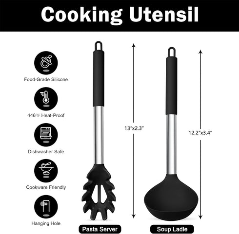 TeamFar Silicone Pasta Fork and Ladle Spoon Set, 2 Pcs Large Nonstick Kitchen Utensils with Stainless Steel Handle for Cooking, Draining, Serving ...