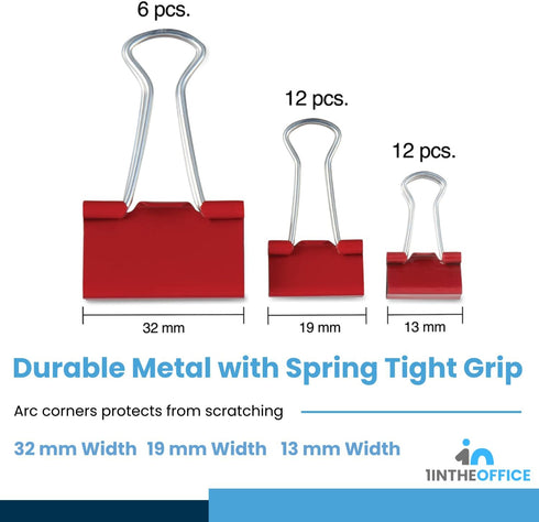 1InTheOffice Binder Clips Assorted Size, Mini, Small and Medium Binder Clips, Paper Clamps, 30 Pack...