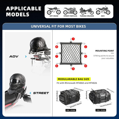 Rhinowalk Motorcycle Luggage Net Cargo Net Helmet Luggage Net with Adjustable Metal Hooks for Motorcycles and Bicycles...
