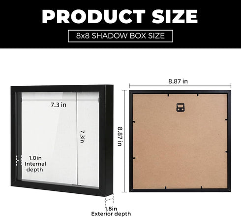 Muzilife 8x8 Shadow Box Picture Frame with Linen Board - Deep Wood & Glass Display Case Ready to Hang Memory Box Baby Sports Memorabilia, Pins, Aw...