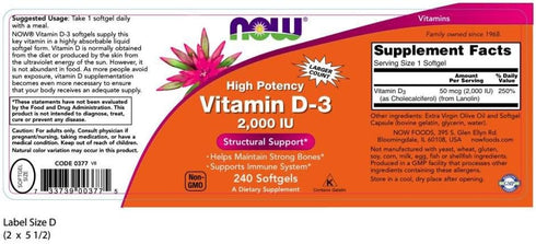 NOW Supplements, Vitamin D-3 2,000 IU, High Potency, Structural Support*, 240 Softgels...