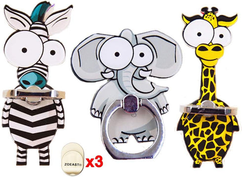 ZOSTLAND 3PCS Funny Zebra Elephant Giraffe Phone Ring Universal 360°Adjustable Case Finger Grip Stand Holder Desk Stent Mount Hook Compatible with...