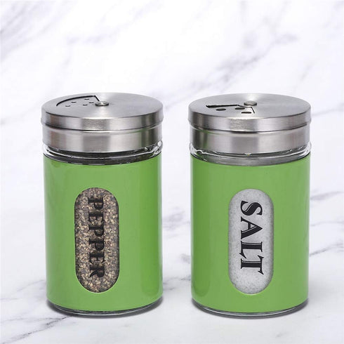 Salt and Pepper Shakers Stainless Steel and Glass Set with Adjustable Pour Holes (Green)...
