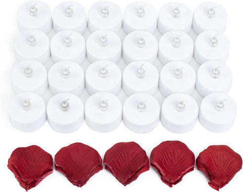 LANKER 500 PCS Red Artificial Rose Petals with 24 PCS Flickering Amber Yellow Flameless Tea Lights Candles for Valentine's Day and Romantic Occasi...
