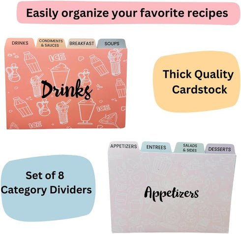 Recipe Cards 4x6, Set of 100 with 8 Category Dividers - Beautifully Designed 4x6 Recipe Cards for Your Culinary Creations...