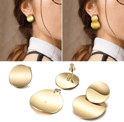 Gold Hoop Earrings Double Layered Disc Drop Fashion Earrings 14K Gold Plated Polished Stainless Steel Earrings Jewelry (Double Disc Drop Earrings ...