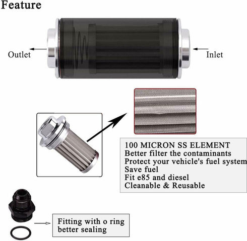 Universal 50MM 100 Micron Inline Fuel Filter with 6AN 8AN 10AN Adapter For Filtering Gasoline, Diesel, E85-Black...