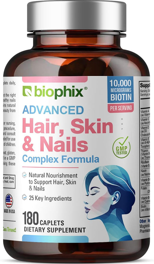 biophix Hair Skin and Nails Complex 180 Caplets with 10,000 mcg Biotin - Multivitamin Supports Strong Nails Beautiful Hair Healthy Aging...