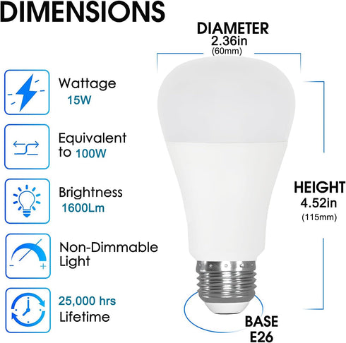 LED Light Bulb, A19 100W Equivalent, Efficient 15W, 1600 Lumens, Daylight 5000K, E26 Standard Base, Non-Dimmable, LED Bulbs for Bedroom Living Roo...