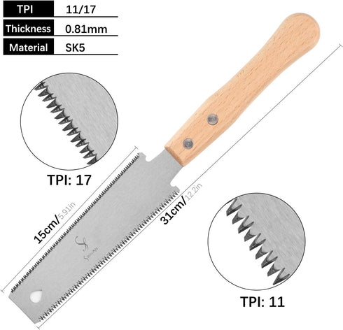 Japanese Hand Saw Woodworking Tools, SS SHOVAN Double Edged 11/17 TPI Flush Cut Saw, Wooden Handle Pull Saw Small Handsaw for Fine Cutting Wood...