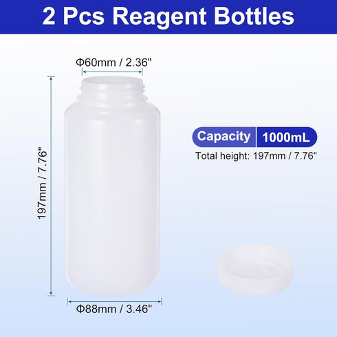 PATIKIL 2 Pcs 1000ml Reagent Bottles, PE Wide Mouth Round Graduated Bottles with Screw Cap for Lab Water Reagent Liquids Solid Sample Storage Seal...