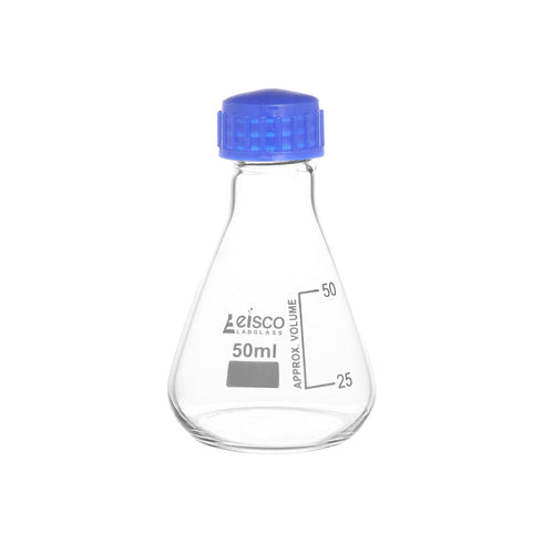 EISCO Erlenmeyer Flask, 50ml - Borosilicate Glass - with PTFE Screw Cap - Conical Shape - White Graduations...