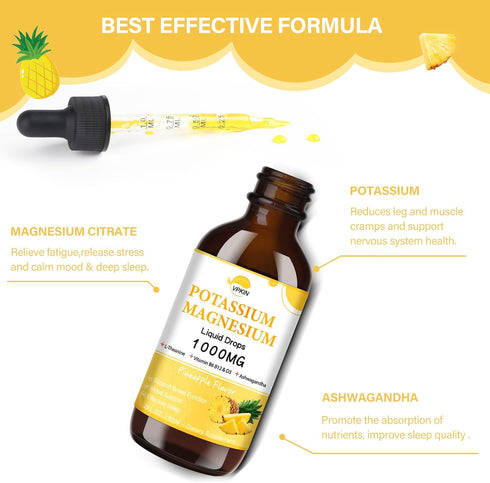Potassium Magnesium Citrate Supplement,Magnesium Liquid Drops 1000mg with Magnesium Glycinate, Support Calm & Bone & Muscle & Immune Health (Pinea...