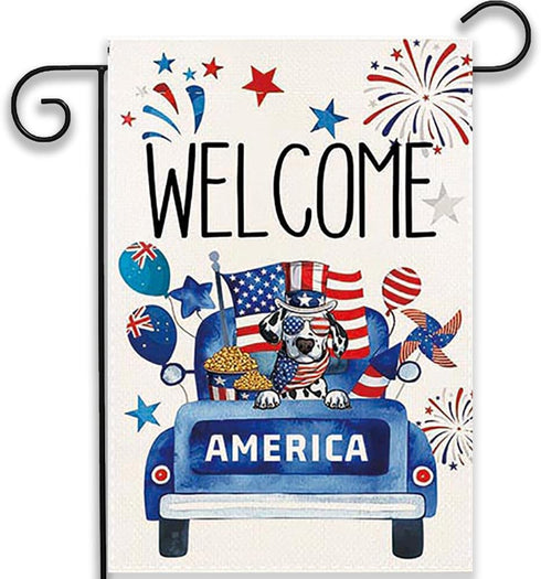 Weclome 4th of July Garden Flag Dog Patriotic Truck Flags 12 x 18 Inch Double Sided Burlap Small Fourth July Flag for Outside American Memorial Da...