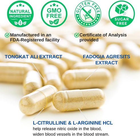 Tongkat Ali & Fadogia Agrestis - 1200mg, enhanced with L-Citrulline and L-Arginine, Equivalent to 54,300mg Raw Per Serving *USA Made and Tested* C...