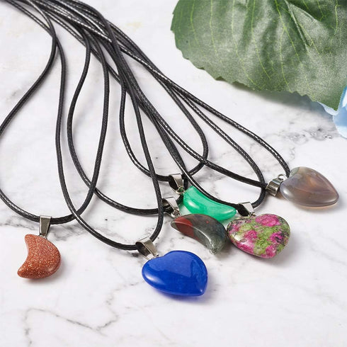 FASHEWELRY 20Pcs Random Crescent Moon Heart Chakra Stone Pendants Healing Crystal Gemstone Charms & 20Pcs Black Waxed Cotton Necklace Cord & 1Pc V...