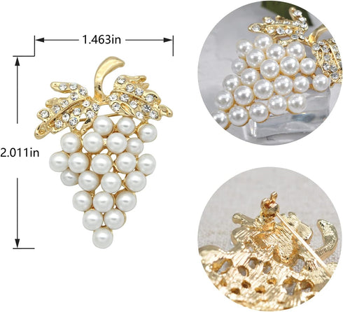 Gyn&Joy Womens Gold T one Faux Pearl White Grapes&Crystal Rhinestones Leaf Fruit Brooch Pin BZ060...