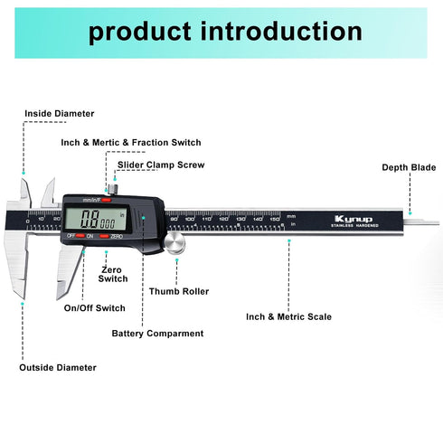 Kynup Caliper Measuring Tool, Digital Micrometer Caliper Tool, Vernier Caliper with Stainless Steel, Large LCD Screen, Auto - Off Feature, Inch Me...