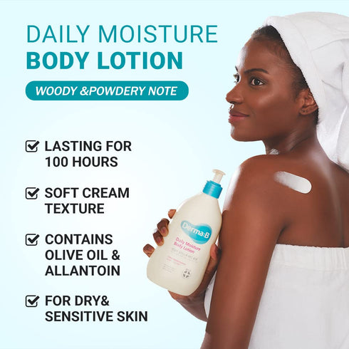 DERMA B Daily Moisture Body Lotion, Non-Greasy Long-Lasting Moisturizer for Dry & Sensitive Skin with Olive Oil & Allantoin, Woody & Powdery Scent...