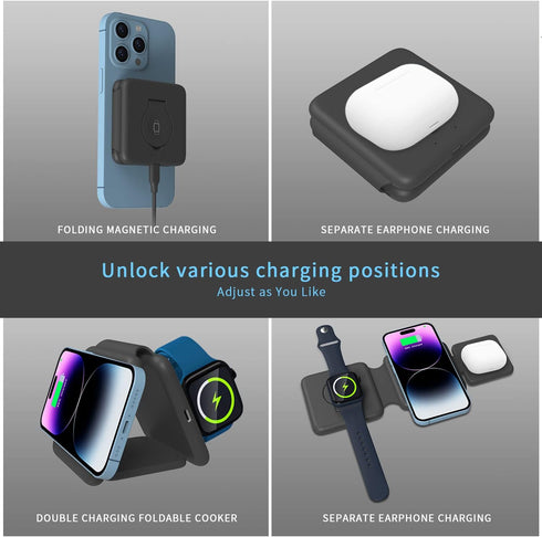 Wireless Charger 3 in 1,Wireless Foldable Charging Station,Magnetic Fast Wireless Charging Pad Compatible with iPhone 15/14/13/12 Pro Max,Apple Wa...