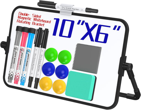 Dry Erase Magnetic White Board, 6" x 10" Double-Sided Desktop Whiteboard with Stand, Portable Small Whiteboard,6 Markers, 6 Magnets and 1 Eraser- ...
