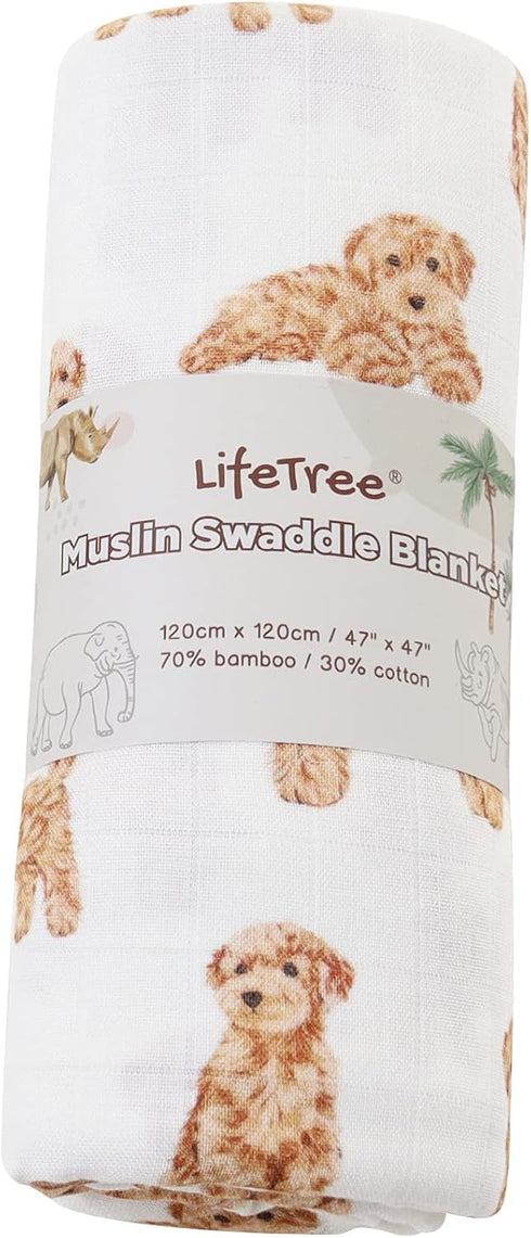 LifeTree Baby Swaddle Blankets Dog, 70% Viscose Bamboo and 30% Cotton Muslin Swaddle Blankets Boys Girls Swaddling Wrap Receiving Blanket Neutral ...