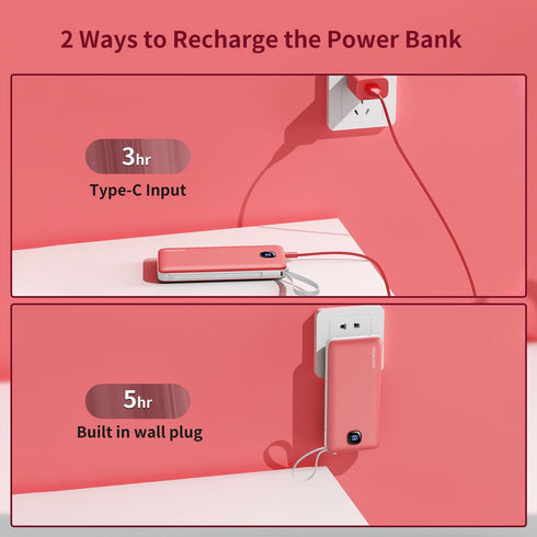 Portable Charger with Built-in Cables&AC Wall Plug,Slim 10000mAh 22.5W Fast Charging Power Bank,5 Output 2 Input USB-C External Battery Pack Compa...