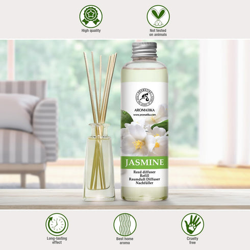 AROMATIKA Jasmine Essential Oil 200ml - Natural Reed Diffuser Refill for Long-Lasting Fragrance - Jasminum Officinale Oil - Air Freshener for Home...