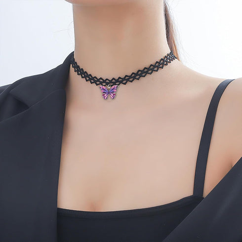 MIFYNN Black Lace Choker Necklace for Women Boho Colourful Butterfly Choker Purple Pink Butterfly Charm Necklace Stretch Lace Pendant Necklace 80s...