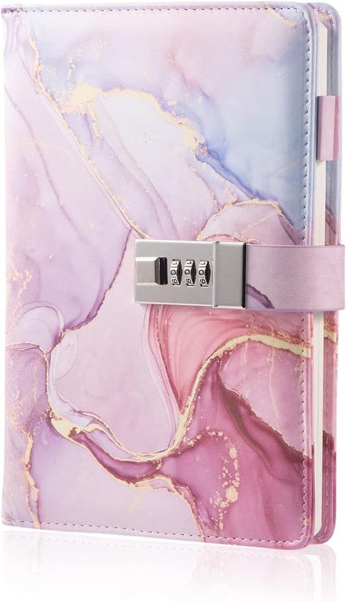 Marble Diary with Lock for Girls and Women, A5 Leather Locked Journal for Teen Girls, Secret Cute Password Lock Notebooks with Pen Holder for Trav...