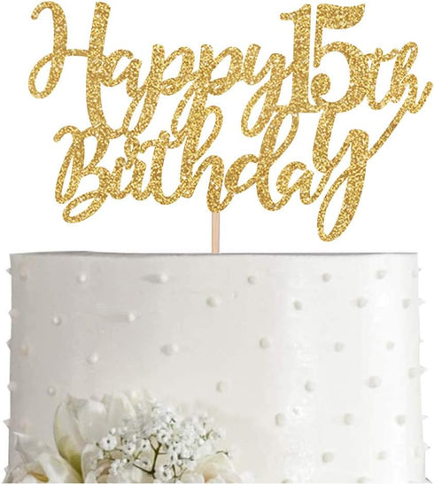 Gold Glitter Happy 15th birthday cake topper, Gold 15 years old birthday party decorations, girl or boy birthday cake toppers...