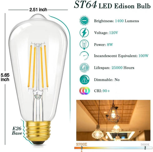 4-Pack Vintage 8W ST64 LED Edison Light Bulbs 100W Equivalent, 1400LM E26 Light Bulbs, 2700K Warm White, Antique Filament LED Bulbs, CRI 90+, Clea...