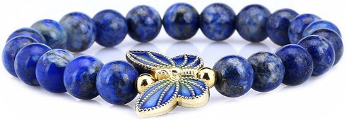 Gem Stone King 8mm Simulated-Lapis Lazuli 18K Yellow Gold Plated Silver Cloisonne Enamel Butterfly Bracelet For Women...
