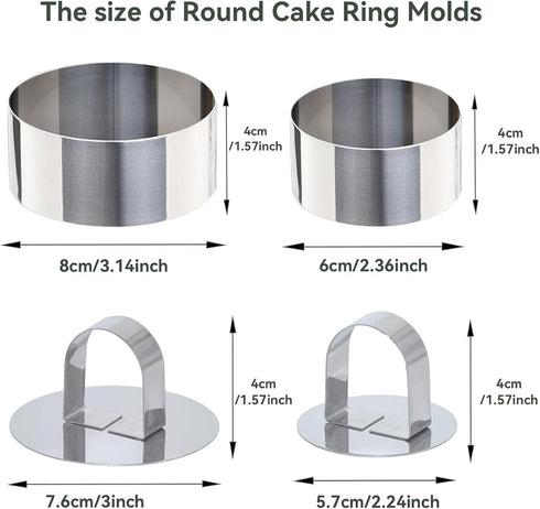 Uncle Jack 4 Pieces Round Cake Ring Molds, Stainless Steel Cake Ring Mold with Pusher, for Kitchen Tools, Baking Pastry, Mousse (Include 4 Rings a...