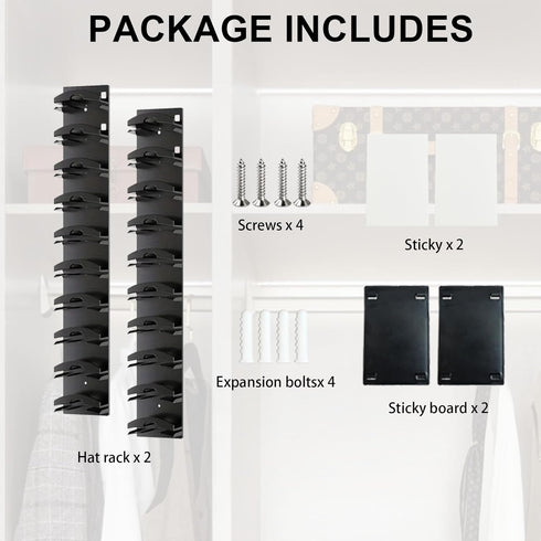 G GENLEAS 2 Pack 10 Hat Organizer for Baseball Caps, Hat Rack for Wall with Strong Adhesive, Cap Organizer for Door, Bedroom, Closet (Black)...