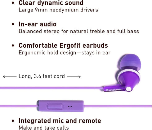 Panasonic ErgoFit Wired Earbuds, In-Ear Headphones with Microphone and Call Controller, Ergonomic Custom-Fit Earpieces (S/M/L), 3.5mm Jack for Pho...