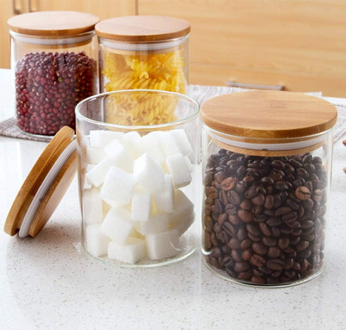 Lawei 4 Pack Glass Storage Jars with Airtight Bamboo Lids, 18.6 OZ Clear Glass Kitchen Canisters Food Storage Container for Dry Goods, Serving Tea...