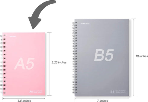 TWONE Graphing Notebook, Spiral Graph Notebook with 80 Sheets/160 Square Grid Paper, 5.5 x 8.25 Inches (1 Pack)...