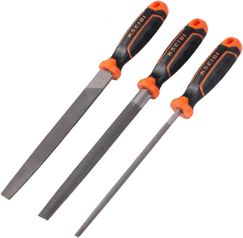 KSEIBI 311485 Metal File Set with High-Carbon Steel Blades - Ergonomic Soft-Grip Handles, 8-Inch Files in Flat, Round, and Half-Round Shapes for W...