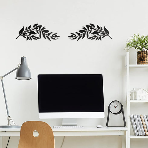 2 Pieces Metal Tree Leaf Wall Decor Vine Olive Branch Leaf Wall Art Black Wrought Iron Scroll Sculptures Metal Leaf Wall Scroll Branch Wall Sculpt...