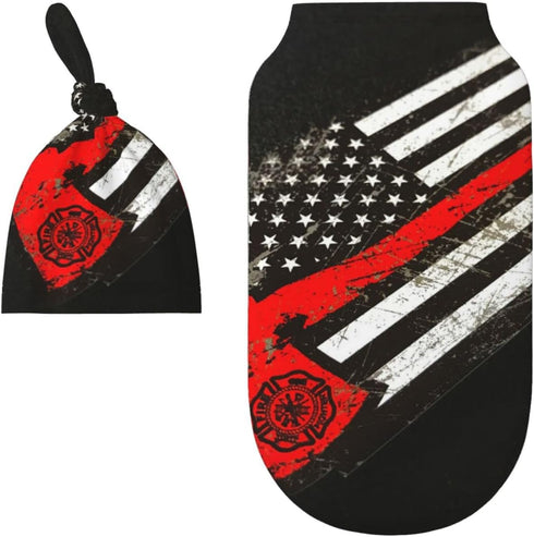 USA Thin Red Line Firefighter Axe Pattern Baby Newborn 100% Cotton Swaddle Blanket with Beanie Hat Set Cotton Receiving Blankets Sleep Sack for Gi...
