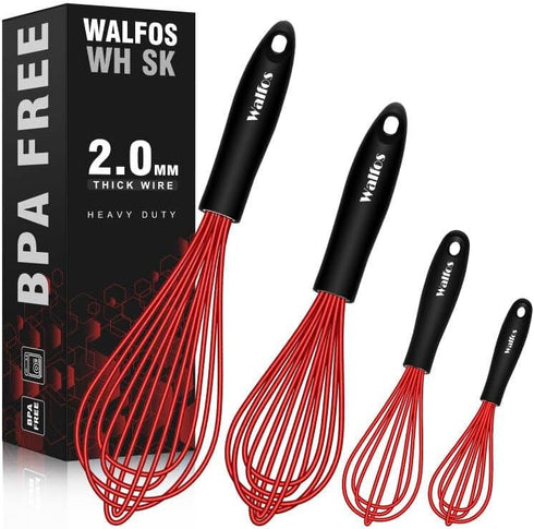 Walfos Whisk,Silicone Whisk Non Scratch Coated Whisk-Whisks for cooking set of 4 Nice for Blending Beating Stirring and Kitchen Cooking &Baking.BP...