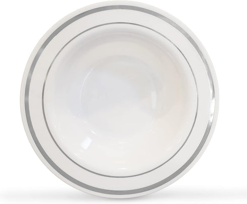 Silver Rimmed White Bowls - 5 ounce - 50 Count - Hard Plastic - Disposable or Reusable - Dessert Bowls - Salad Bowls- Cereal Bowls - Pasta Bowls...