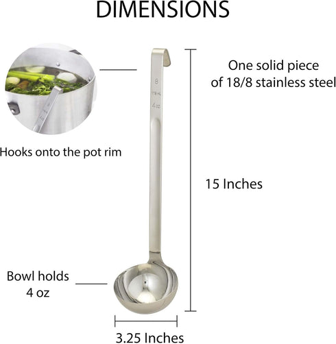 HIC Kitchen Single-Piece Stainless Steel Ladle, 18/8 Stainless Steel, 4-Ounce Capacity...