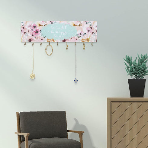 SANY DAYO HOME Be Bright Be Happy Be You Wall Mount Necklace Holder Organizer with 9 Jewelry Hooks for Ring, Hair Bow, Headband, Purse - Wall Deco...