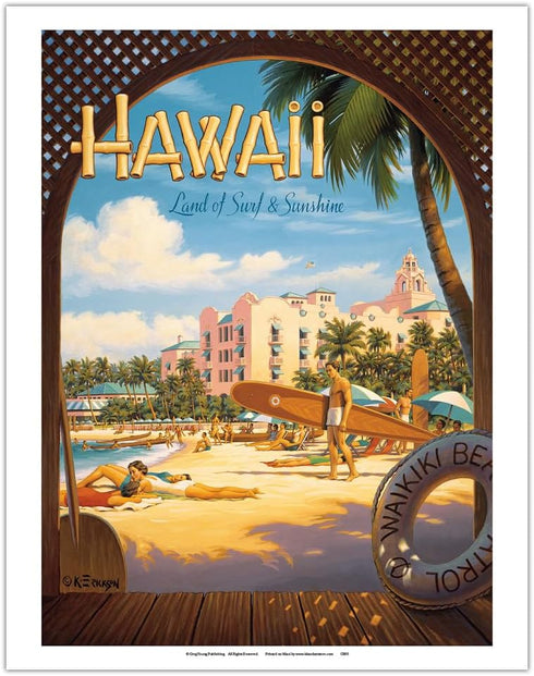 Hawaii Land of Surf & Sunshine - Waikiki Beach - Royal Hawaiian Hotel - Vintage Hawaiian Travel Poster by Kerne Erickson - Fine Art Matte Paper Pr...