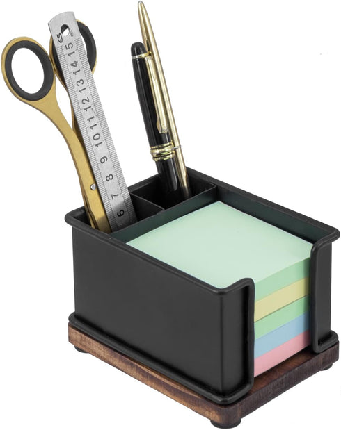 MyGift Modern Industrial Matte Black Metal Office Stationery Organizer with Sticky Note Holder, 2 Pen Storage Compartments and Rustic Burnt Solid ...