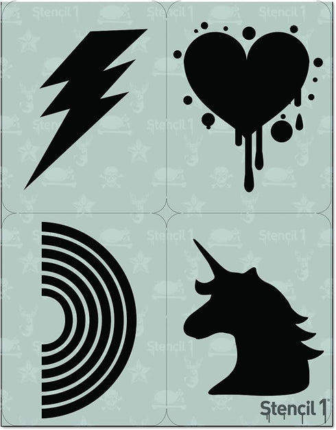 Stencil1 Rainbow | Heart | Unicorn | Bolt Four Pack Stencils 8.5 x 11 inches for Painting on T-Shirts, Bedroom Wall, Canvas, DIY Decorating and Ar...