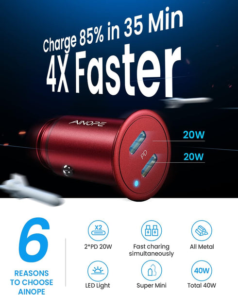 40W Car Charger Adapter, AINOPE Smallest USB C Car Charger Fast Charging, All Metal PD 3.0 Dual Port Car Charger, with LED Light Compatible with i...